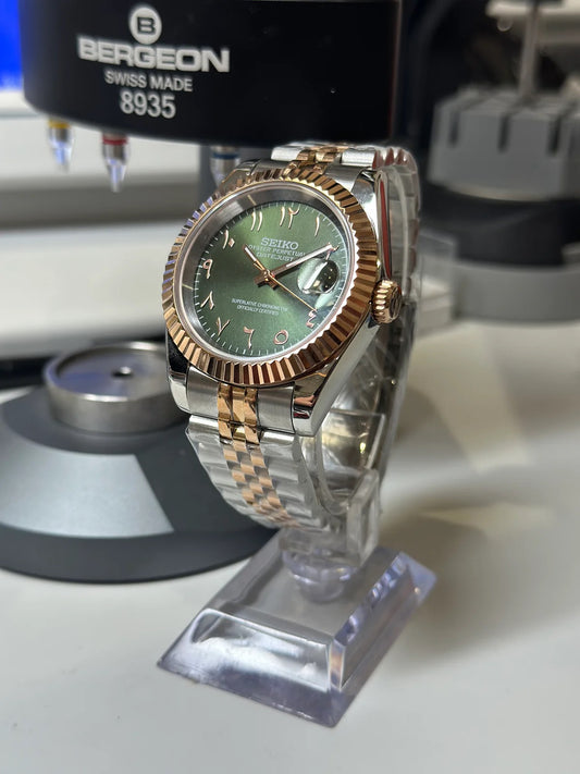 Seiko Datejust Mod - Olive Gold - Arabic Dial custom Seiko mod watch by Timelab Mods