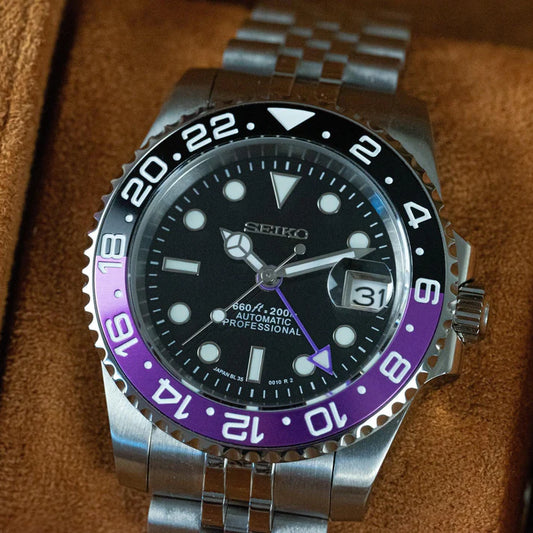 Seiko GMT Mod - "Joker" - Black/Purple Bezel custom Seiko mod watch by Timelab Mods