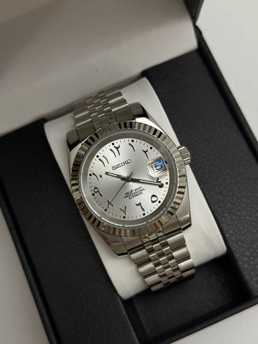 Seiko Datejust Mod - Silver White - Arabic Dial custom Seiko mod watch by Timelab Mods