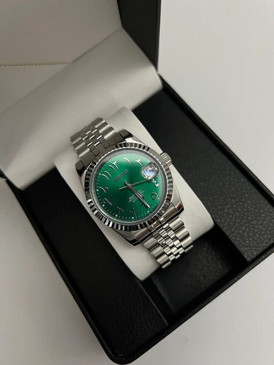 Seiko Datejust Mod - Green - Arabic Dial custom Seiko mod watch by Timelab Mods