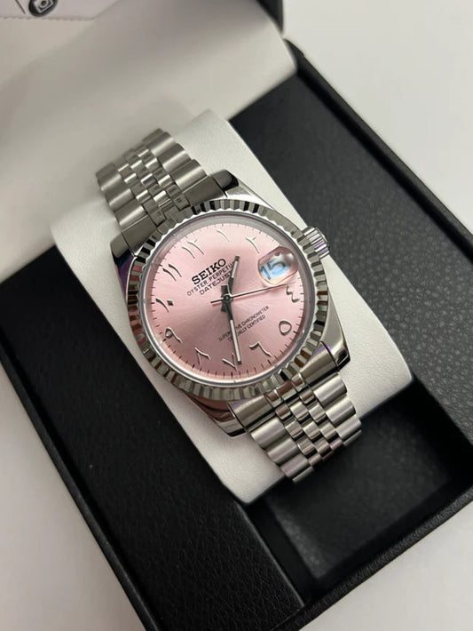 Seiko Datejust Mod - Rose Pink - Arabic Dial custom Seiko mod watch by Timelab Mods