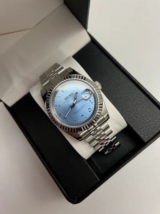 Seiko Datejust Mod - Ice Blue - Arabic Dial custom Seiko mod watch by Timelab Mods
