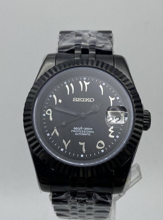 Seiko Datejust Mod - Night Black - Arabic Dial custom Seiko mod watch by Timelab Mods