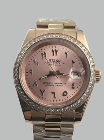 Seiko Datejust Mod - Rose Gold - Double Diamond - Arabic Dial custom Seiko mod watch by Timelab Mods