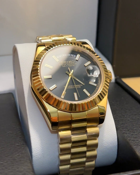Seiko Daydate Mod - Gold/Black - Roman Dial custom Seiko mod watch by Timelab Mods