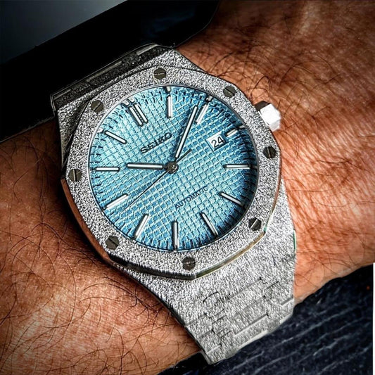 Royal Oak Mod - Frosted Ice Blue custom Seiko mod watch by Timelab Mods