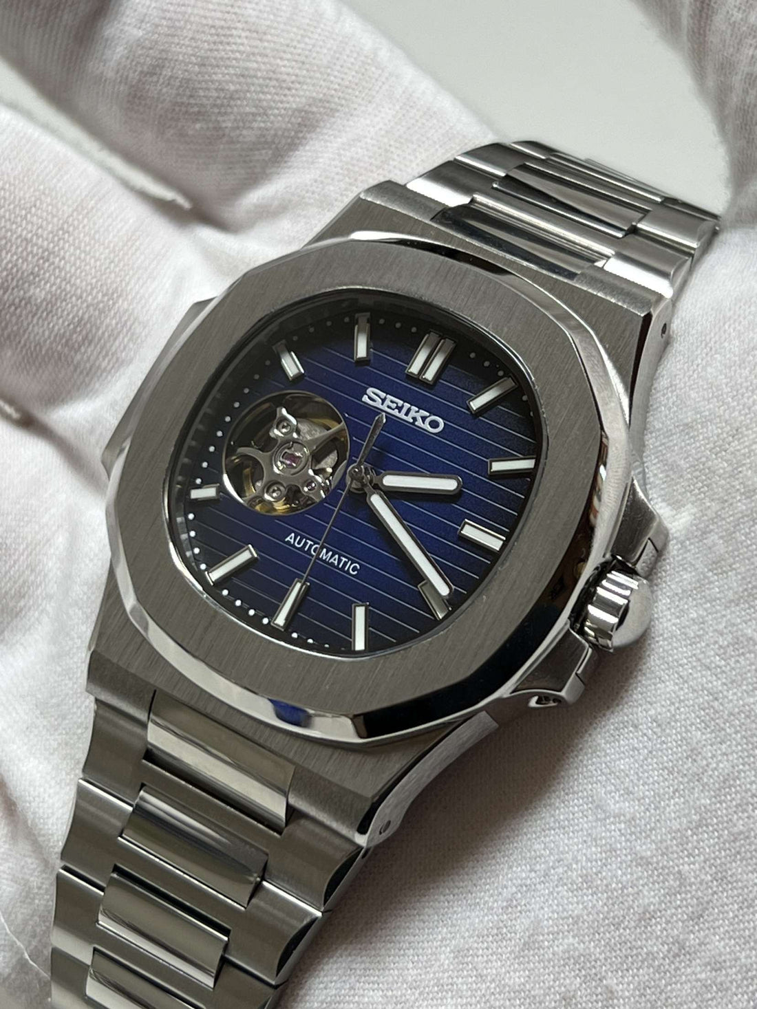 Seiko Mod Nautilus - Blue Open heart custom Seiko mod watch by Timelab Mods