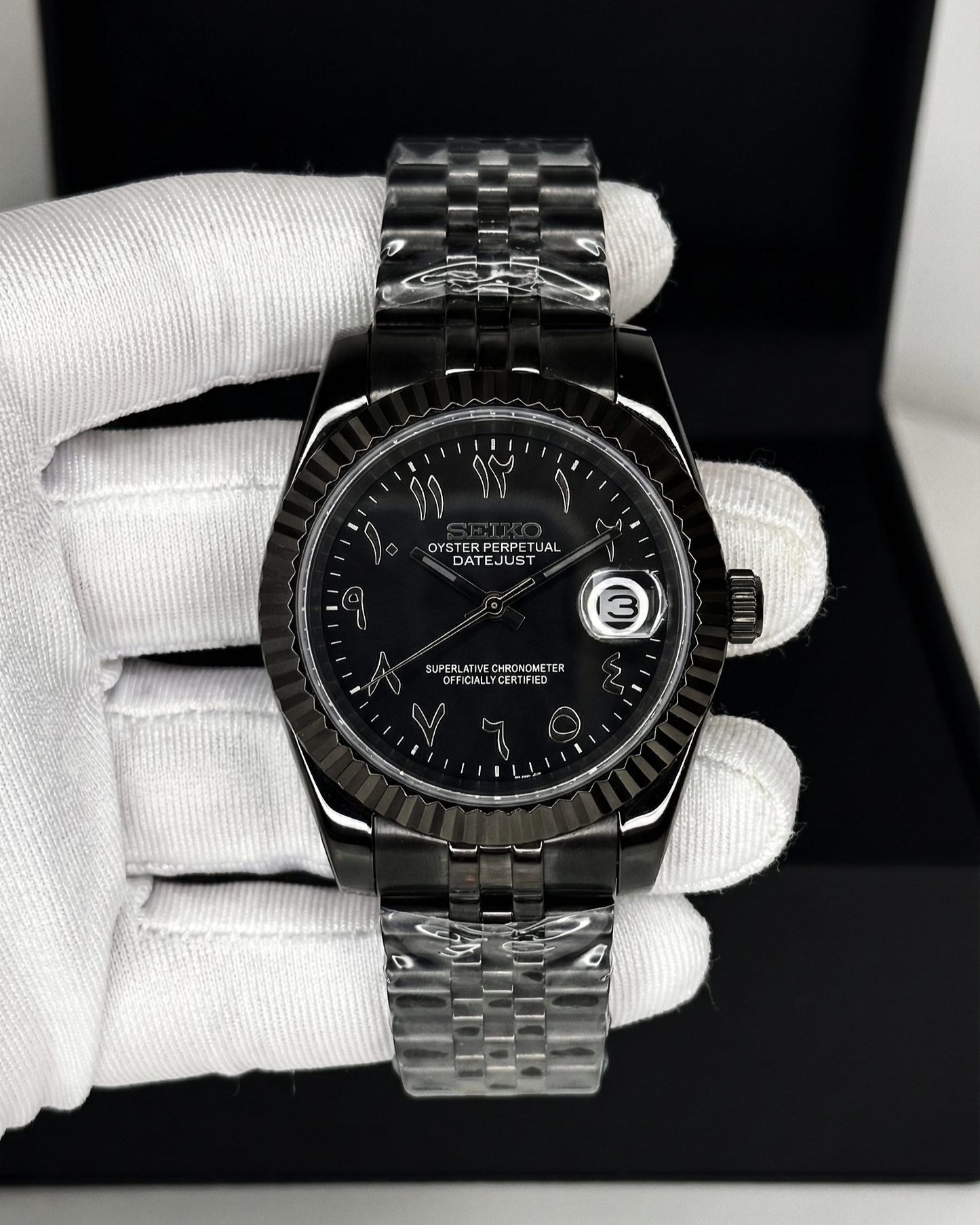 Seiko Datejust Mod Night Black Blue Arabic Dial