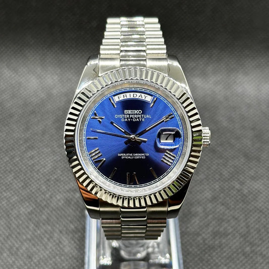 Seiko Datejust Mod - Blue - Roman Dial custom Seiko mod watch by Timelab Mods