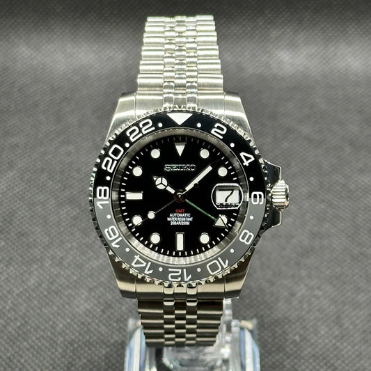 Seiko GMT Mod - "Bruce Wayne" - Premium Black Dial custom Seiko mod watch by Timelab Mods