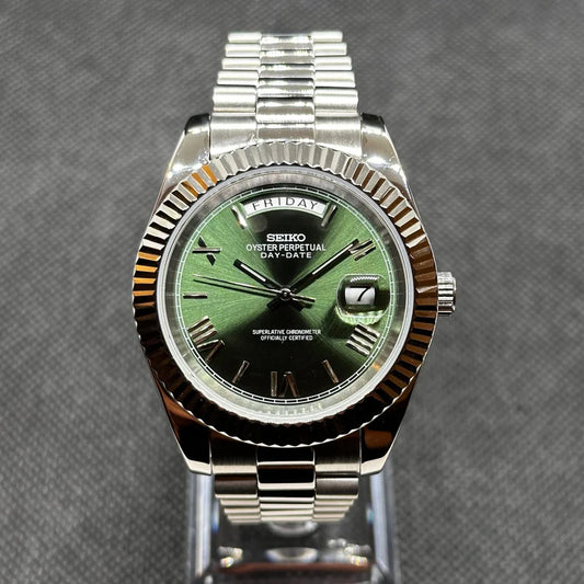 Seiko Datejust Mod - Green - Roman Dial custom Seiko mod watch by Timelab Mods