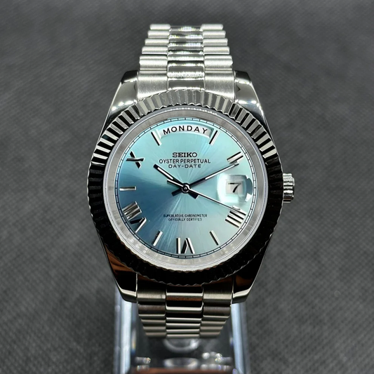 Seiko DayDate Mod - Ice Blue - Roman Dial custom Seiko mod watch by Timelab Mods