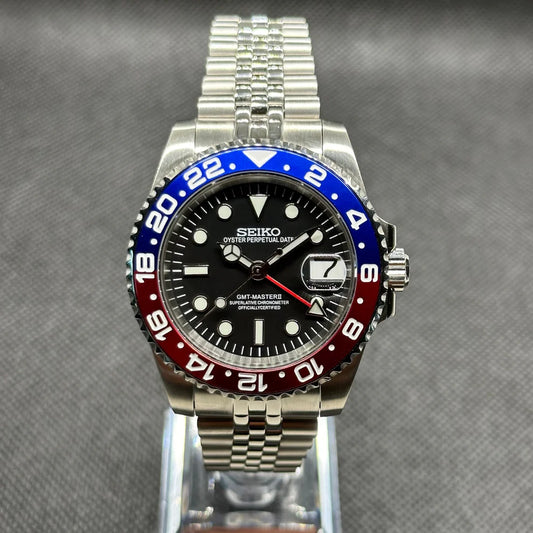 Seiko GMT Mod - "Pepsi" - Red/Blue Bezel custom Seiko mod watch by Timelab Mods