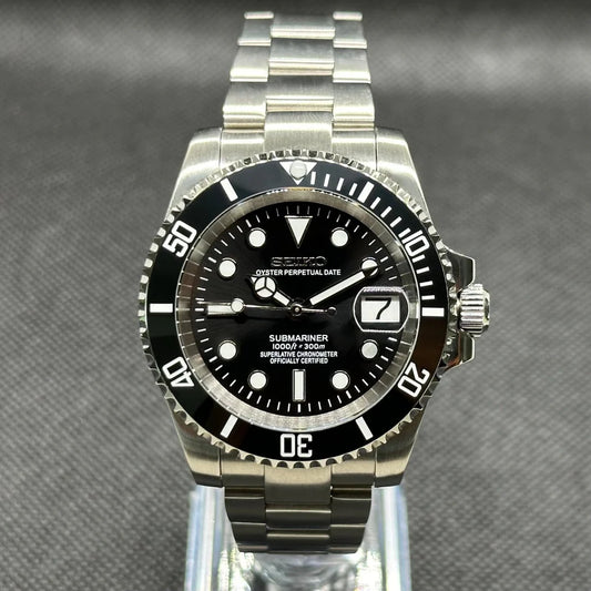 Seiko Submariner Mod - "Datejust" - Black Bezel custom Seiko mod watch by Timelab Mods
