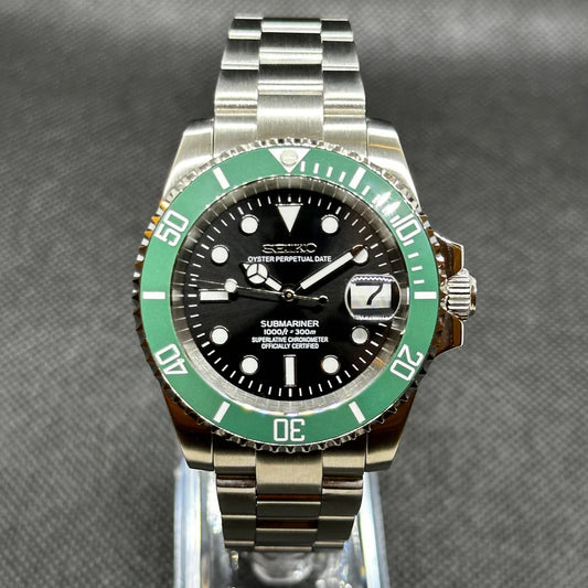 Seiko Submariner Mod - "Starbucks" - Green Bezel custom Seiko mod watch by Timelab Mods