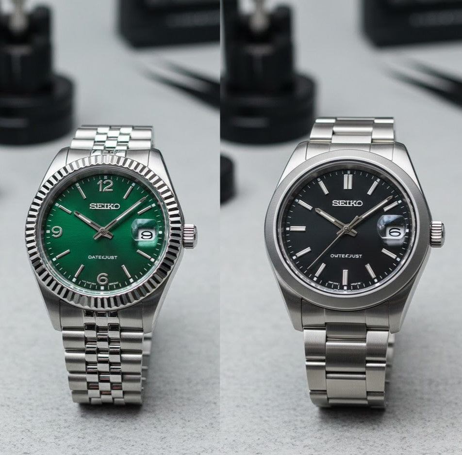 wo custom Seiko Mod Datejust watches on a leather roll showing fluted and smooth bezel options.