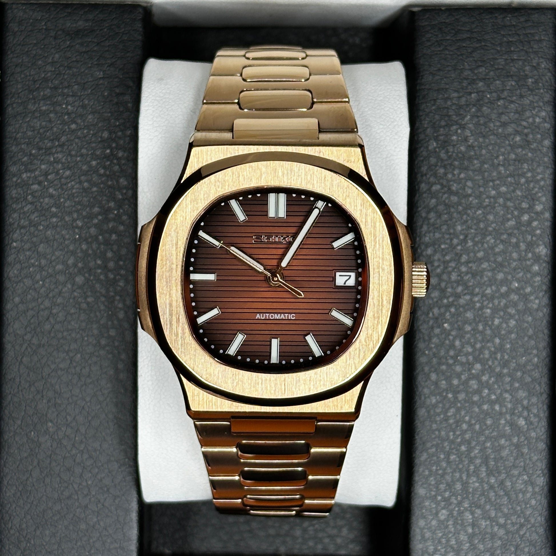 Seiko Mod Nautilus - Rose Gold Brown custom Seiko mod watch by Timelab Mods
