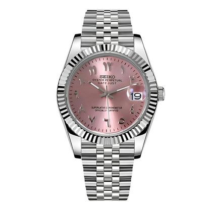 Seiko Datejust Mod - Rose Pink - Arabic Dial custom Seiko mod watch by Timelab Mods