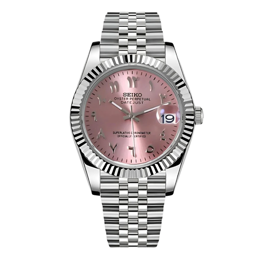 Seiko Datejust Mod - Rose Pink - Arabic Dial custom Seiko mod watch by Timelab Mods