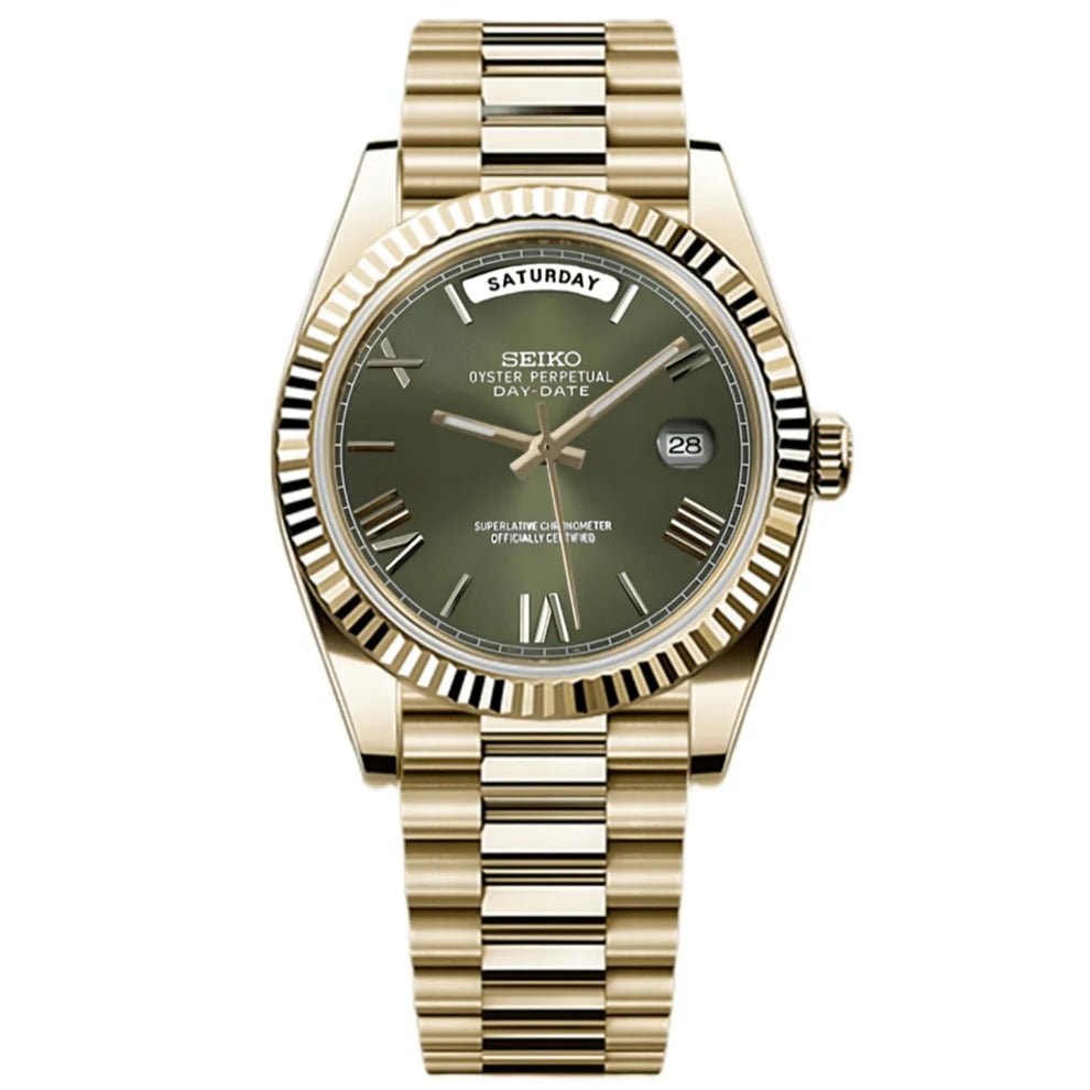 Seiko DayDate Mod Gold Black Roman Dial - by Timelab Mods