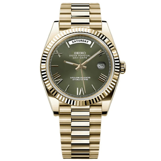 Seiko DayDate Mod Gold Black Roman Dial - by Timelab Mods