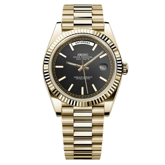 Seiko DayDate Mod Gold Black Roman Dial - by Timelab Mods