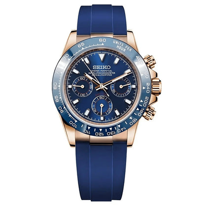 Seiko watch with blue strap and rose gold casing on a white background