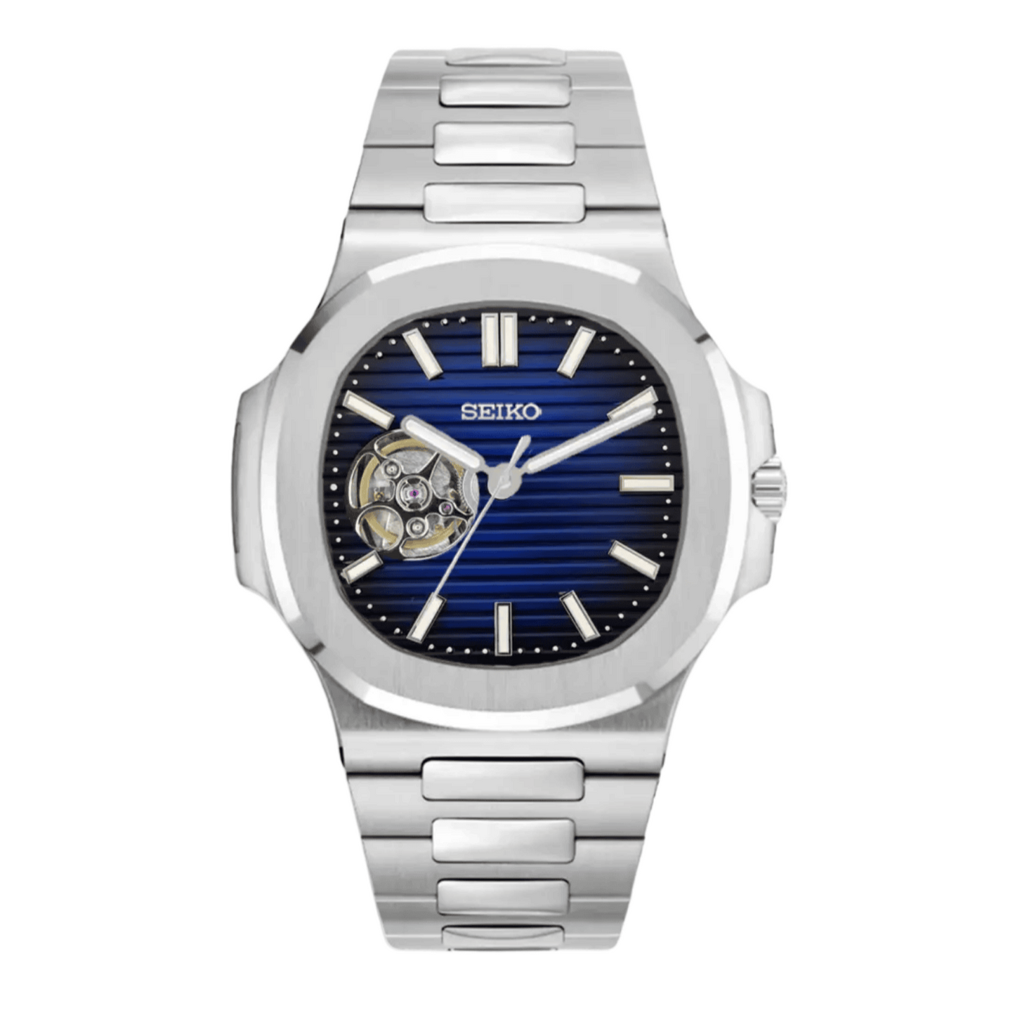 Seiko Mod Nautilus - Blue Open heart custom Seiko mod watch by Timelab Mods