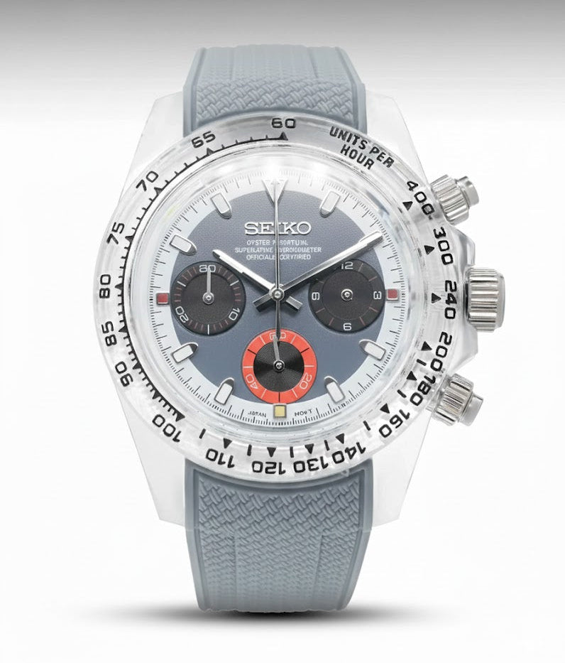 Seiko watch with gray strap and detailed face on a white background