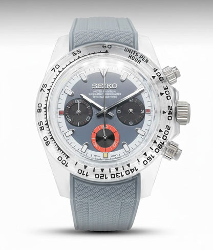 Seiko watch with gray strap and detailed face on a white background